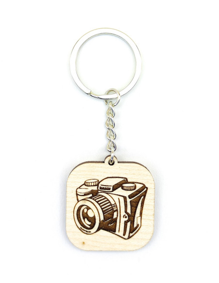 Gepersonaliseerde sleutelhanger met camera icoon en optionele QR-code