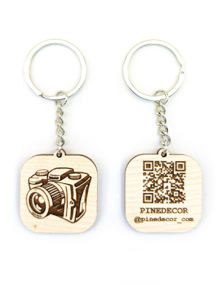 Personalized keychain featuring camera icon and optional QR code