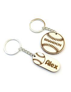 Two personalized baseball keychains showing both engraving styles