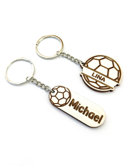 Personalized engraved handball keychains showing both layout options