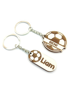 Two personalized football keychains shown in different design styles