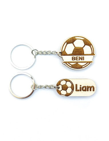 Football-themed keychains with custom name options displayed side by side