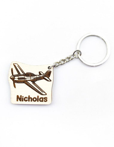 Engraved keychain with vintage propeller plane