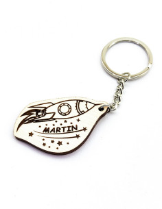 Rocket-shaped keychain with engraved custom name