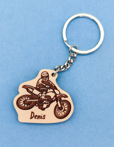 Personalized motocross keychain with engraved rider