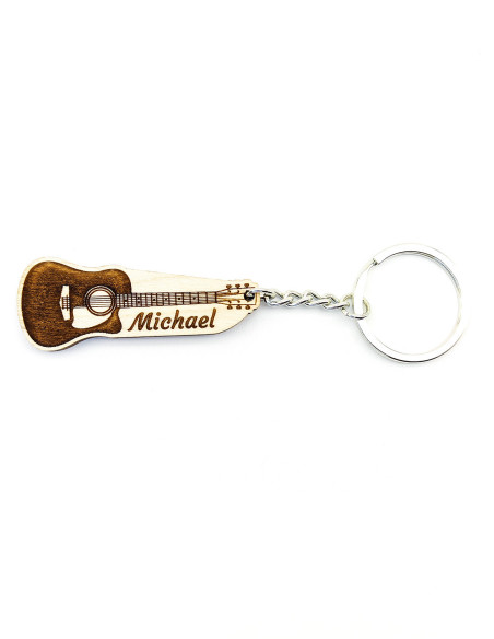 Acoustic guitar-shaped keychain with personalized name engraving