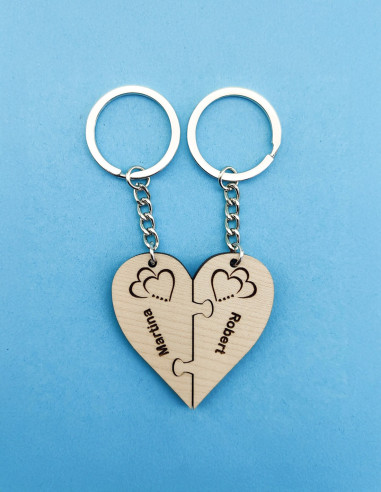 Personalized heart puzzle keychains with engraved names
