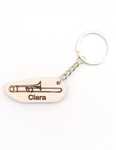 Llavero de madera con diseño de trombón y texto personalizado