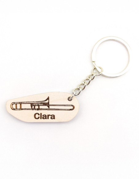 Wooden trombone keychain with engraved name