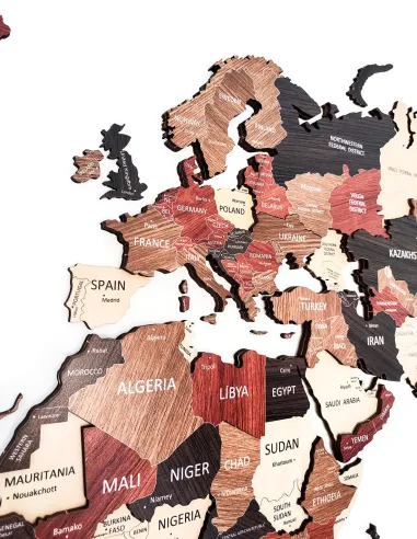 Decorative wooden world map wall art with detailed engraving