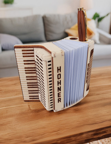 Organiseur de bureau accordéon personnalisé en bois – Porte-stylos et notes gravé