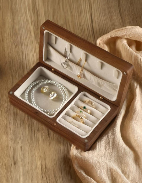 Open walnut jewelry box with rings, pearls and earrings – luxury personalized gift