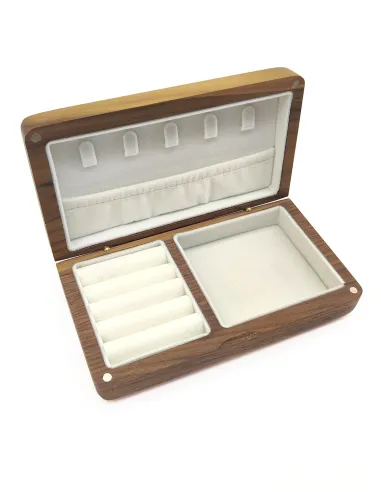 Open walnut jewelry box with velvet-lined compartments – personalized gift empty