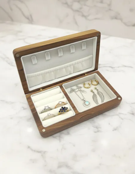 Caja de joyas de nogal abierta con anillos, perlas y pendientes – regalo lujoso