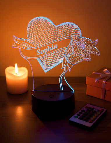 Veilleuse LED 3D personnalisée avec cœur et rose, prénom Sophia