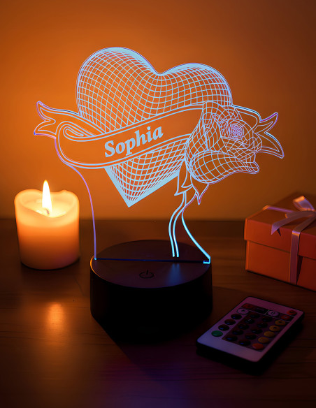 Personalizirana 3D LED lučka s srcem in vrtnico, ime Sophia