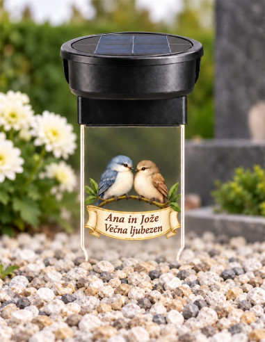 Lampada votiva solare personalizzata con due uccellini e dedica personalizzata sulla tomba
