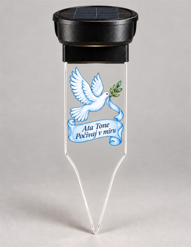 Personalized white dove solar grave candle with printed banner and transparent ground stake