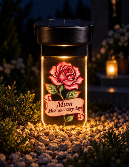 Personalized rose solar grave candle glowing at night with Mum memorial message