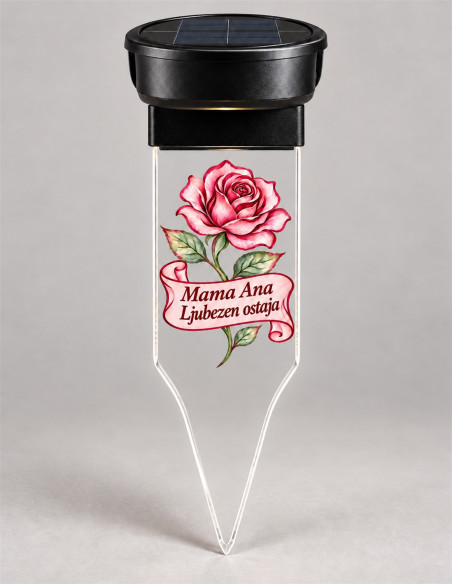 Lampada votiva solare personalizzata con rosa, banner stampato e picchetto trasparente