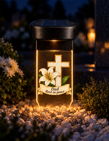 Vela solar personalizada para tumba con cruz y lirio iluminada de noche y mensaje Papá, descansa en paz