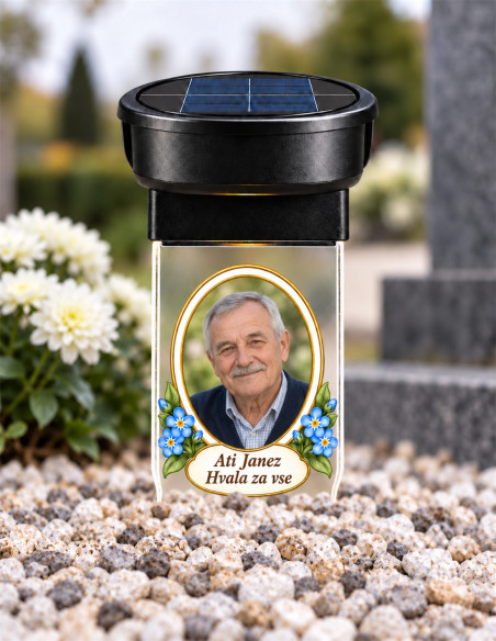 Vela solar personalizada para tumba con foto, marco floral e inscripción personalizada