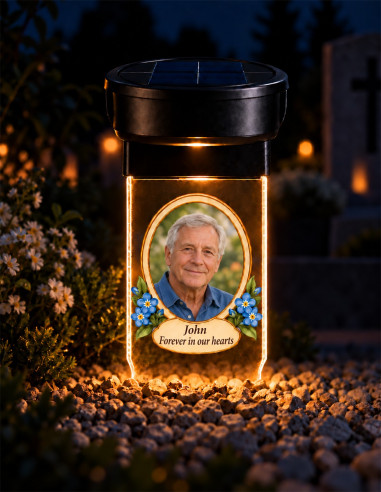 Personalized photo solar grave candle glowing at night with custom photograph and memorial message