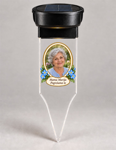 Lampada votiva solare personalizzata con foto, cornice floreale, dedica stampata e picchetto trasparente