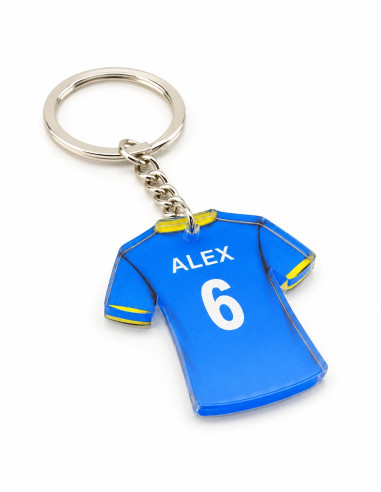 Acryl-Schlüsselanhänger als Fußballtrikot – klassisches Design in Blau und Gelb, ALEX 6; Schrägansicht auf Weiß
