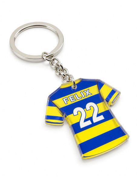 Acrylic football jersey keychain – blue and yellow horizontal stripes, FELIX 22; angled view on white