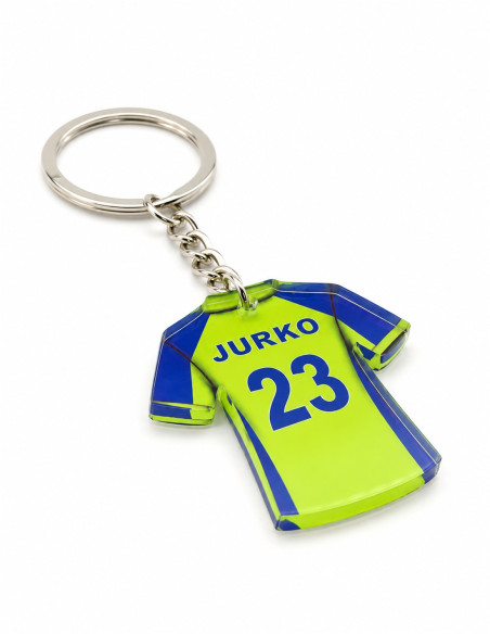 Acrylic football jersey keychain – green and blue modern design, JURKO 23; angled view on white