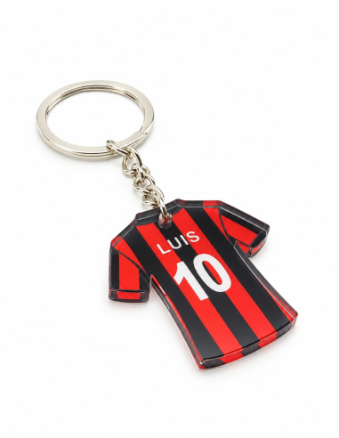 Acrylic football jersey keychain – red and black vertical stripes, LUIS 10; angled view on white