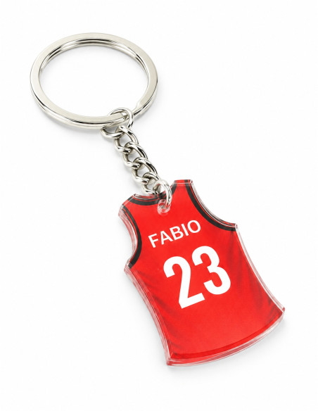 Acrylic basketball jersey keychain – FABIO 23, red; angled view on white