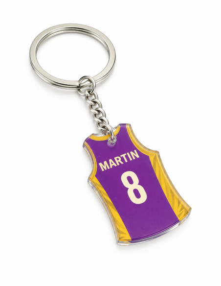 Acrylic basketball jersey keychain – MARTIN 8, purple and yellow; angled view on white