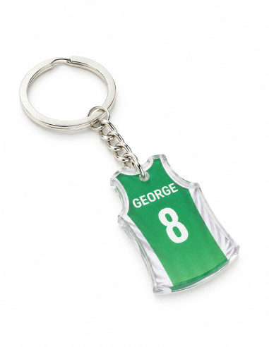 Acrylic basketball jersey keychain – GEORGE 8, green and white; angled view on white