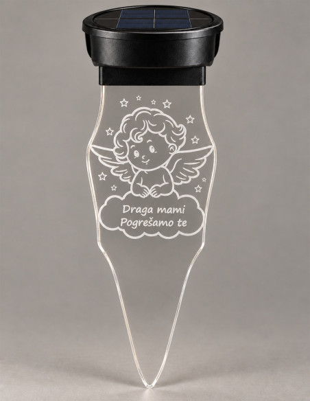 Personalized solar grave light with engraved angel, stars and clear ground stake on a grey background