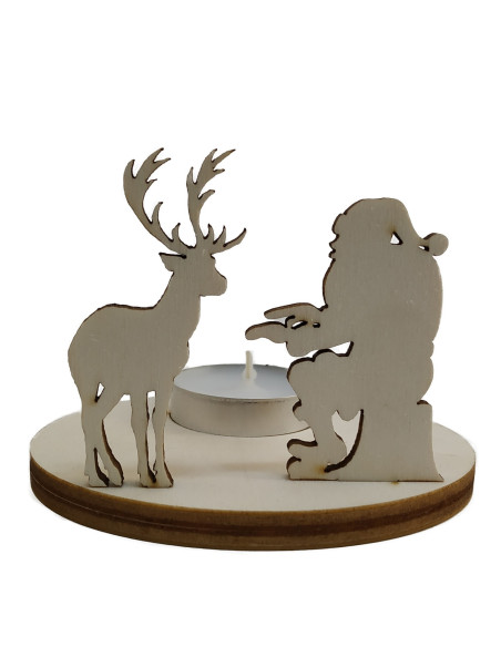 photophore de Noël en bois avec silhouette du Père Noël et d’un renne