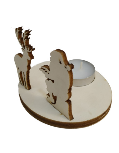 Close-up of Santa and reindeer wooden decoration with candle