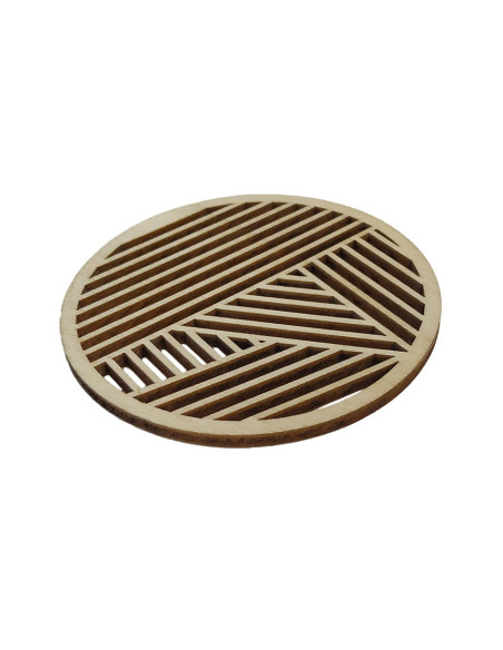 Wooden drink coaster with angled geometric line pattern