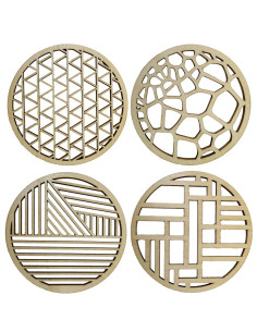 Ensemble de 4 dessous de verre ronds avec designs graphiques en bois 2