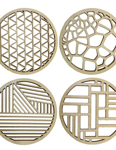 Set of four round wooden coasters with different geometric cutout patterns