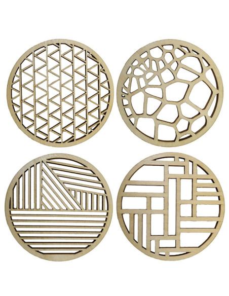 Set of four round wooden coasters with different geometric cutout patterns