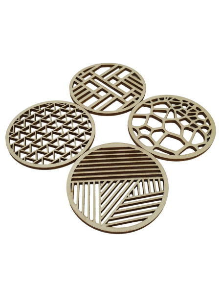 Mixed-design laser-cut wooden coasters in a 4-piece bundle