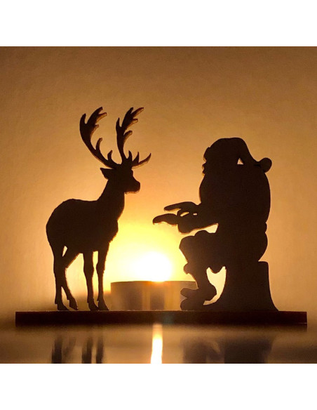 Wooden Christmas candle holder with Santa and reindeer silhouette