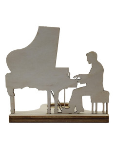 Houten kaarshouder met pianist en vleugel silhouet