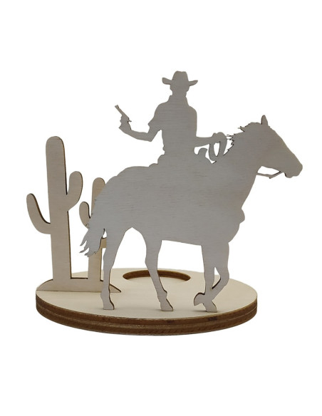 Wooden candle holder showing a cowboy on horseback with desert cactus