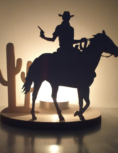 decorazione western retroilluminata con cowboy, cavallo e cactus