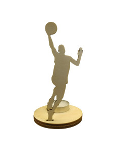 Wooden candle holder featuring a basketball player doing a layup