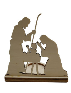 Houten kerstkaarsenhouder die schaduwen werpt van Maria, Jozef en baby Jezus