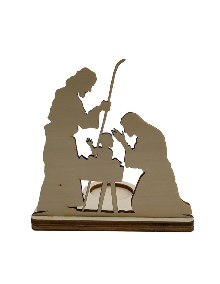 photophore en bois représentant la crèche de Noël avec découpe silhouette